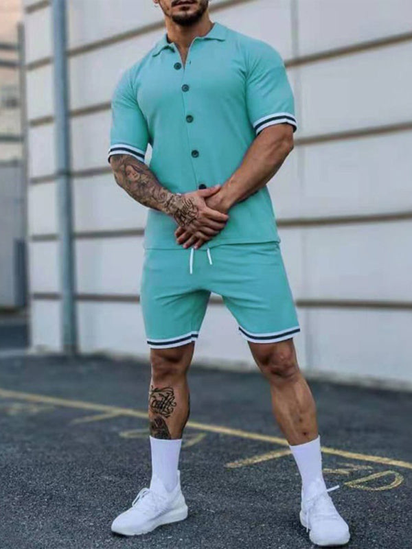 Camisa de manga corta con solapa en contraste de color para hombre + traje de dos piezas con pantalones cortos