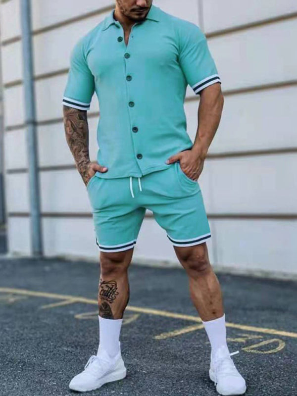 Camisa de manga corta con solapa en contraste de color para hombre + traje de dos piezas con pantalones cortos