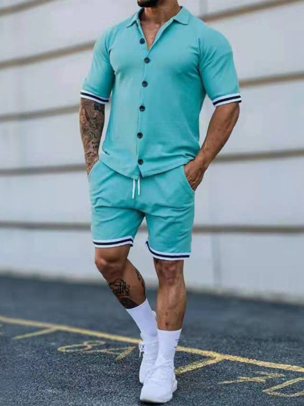 Camisa de manga corta con solapa en contraste de color para hombre + traje de dos piezas con pantalones cortos