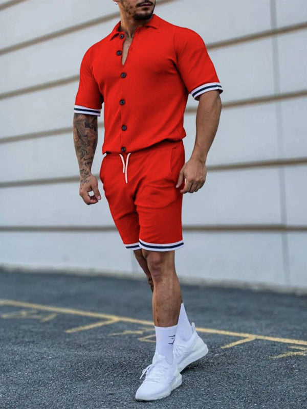 Camisa de manga corta con solapa en contraste de color para hombre + traje de dos piezas con pantalones cortos