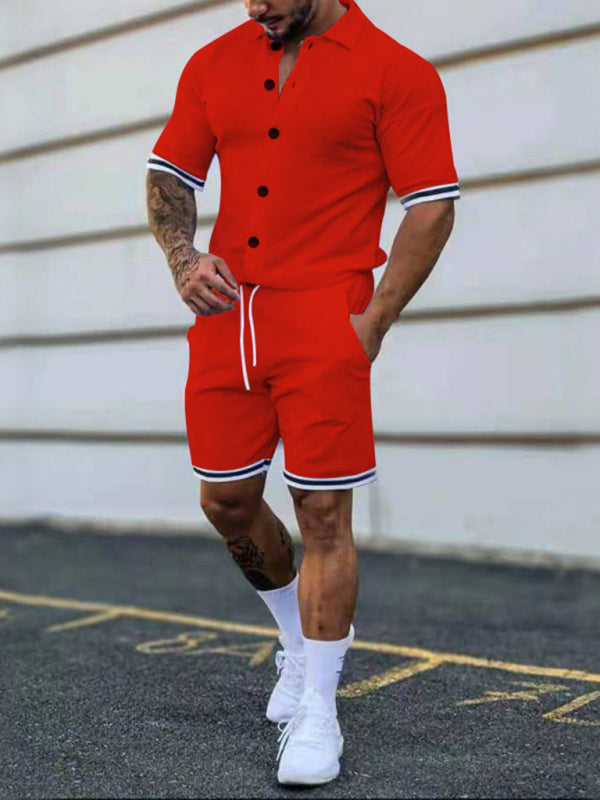 Camisa de manga corta con solapa en contraste de color para hombre + traje de dos piezas con pantalones cortos