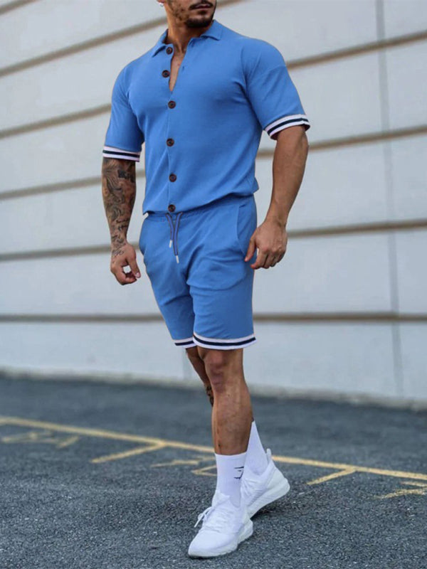 Camisa de manga corta con solapa en contraste de color para hombre + traje de dos piezas con pantalones cortos
