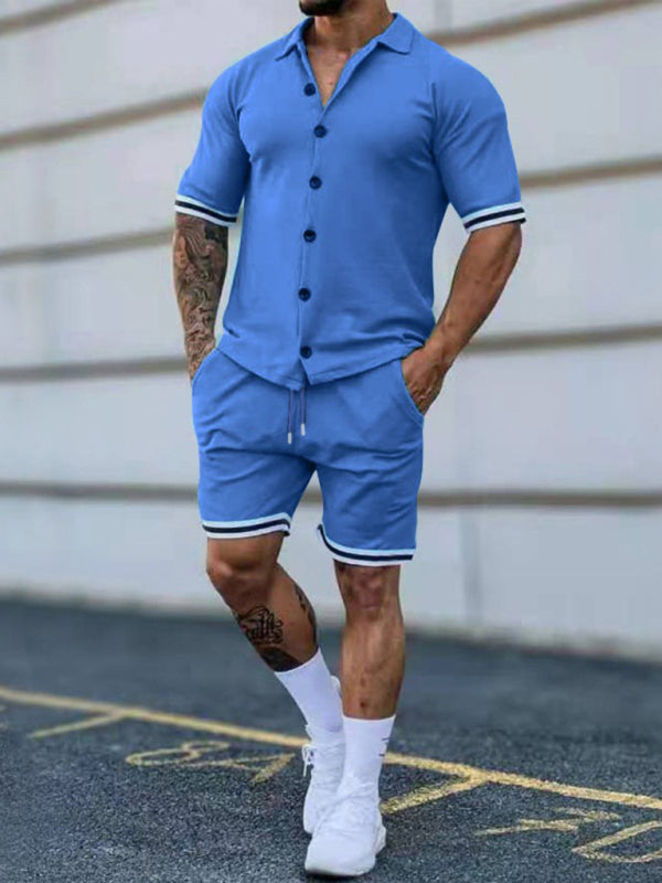 Camisa de manga corta con solapa en contraste de color para hombre + traje de dos piezas con pantalones cortos