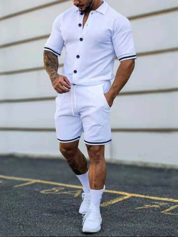 Camisa de manga corta con solapa en contraste de color para hombre + traje de dos piezas con pantalones cortos