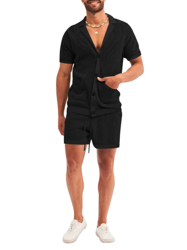 Pantalones cortos de manga corta Cárdigan de solapa de punto Traje de hombre de manga corta