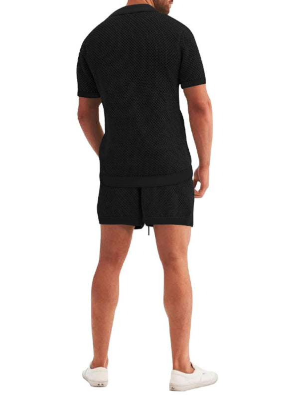 Pantalones cortos de manga corta Cárdigan de solapa de punto Traje de hombre de manga corta