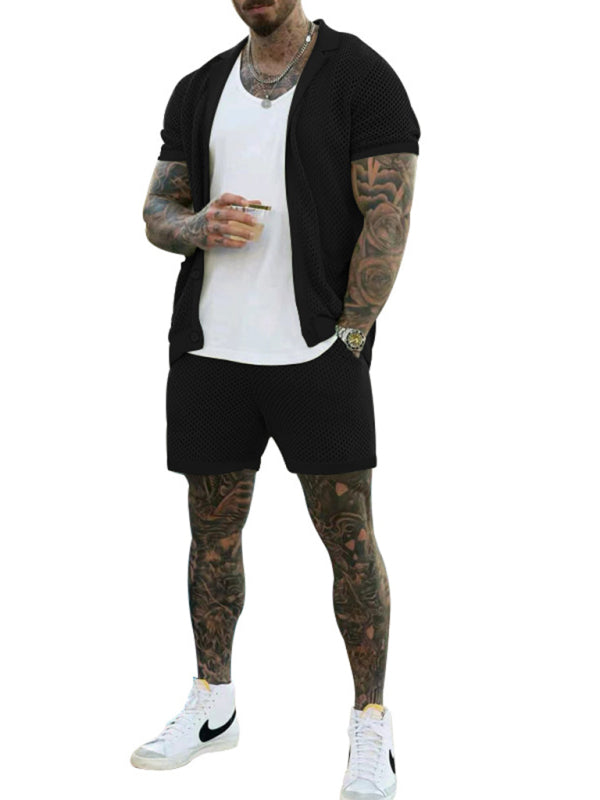 Pantalones cortos de manga corta Cárdigan de solapa de punto Traje de hombre de manga corta