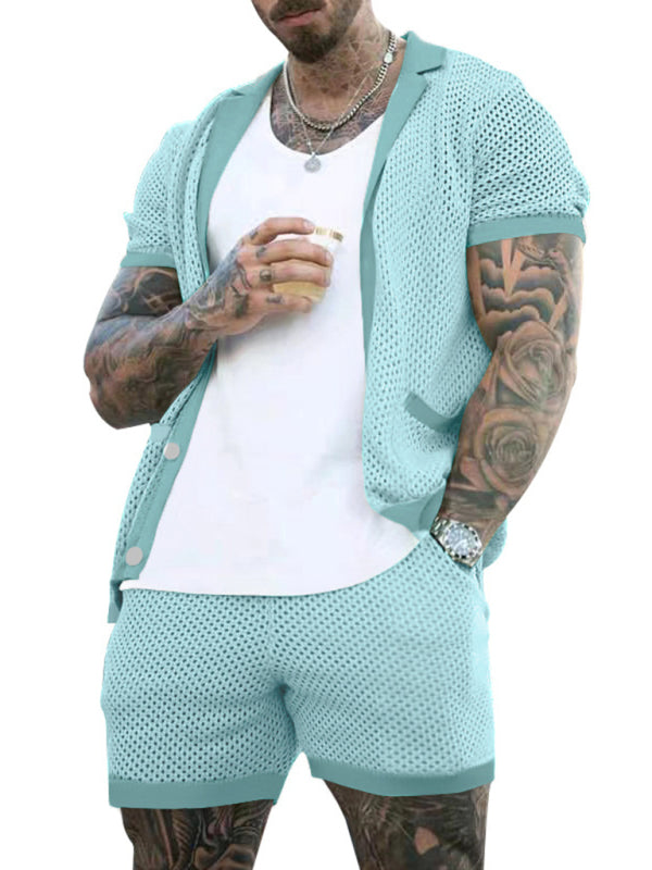 Pantalones cortos de manga corta Cárdigan de solapa de punto Traje de hombre de manga corta