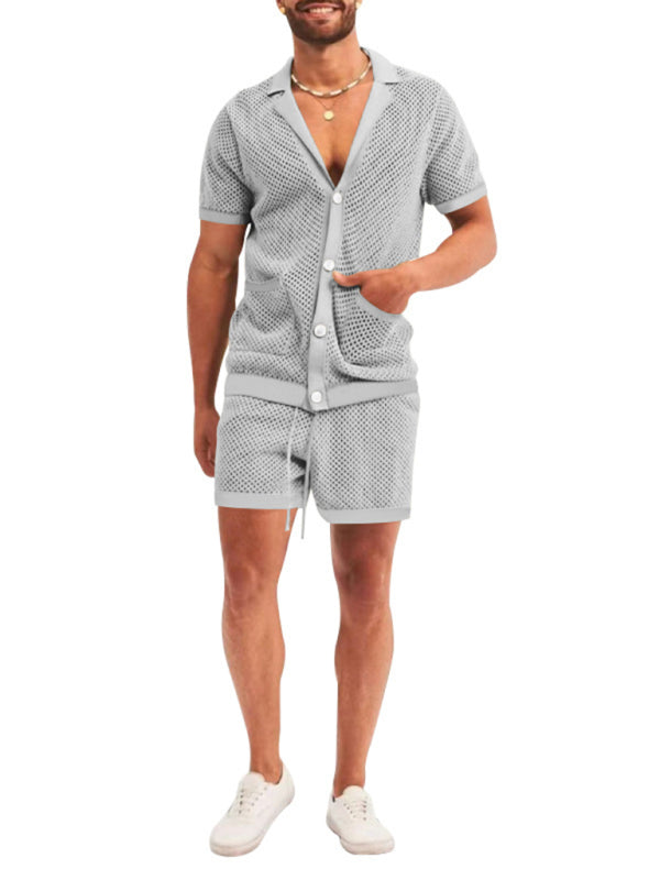 Pantalones cortos de manga corta Cárdigan de solapa de punto Traje de hombre de manga corta