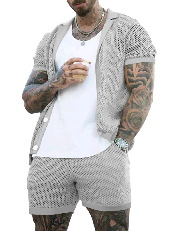 Pantalones cortos de manga corta Cárdigan de solapa de punto Traje de hombre de manga corta