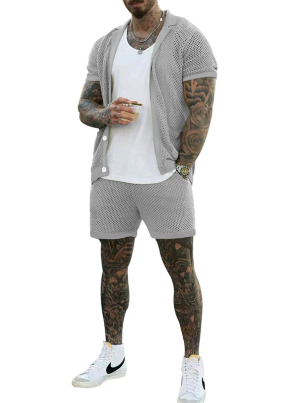 Pantalones cortos de manga corta Cárdigan de solapa de punto Traje de hombre de manga corta