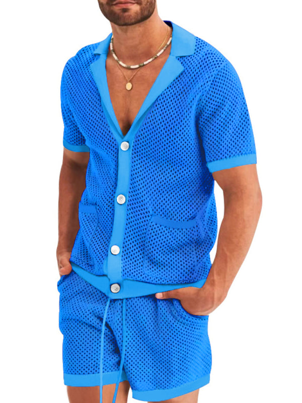 Pantalones cortos de manga corta Cárdigan de solapa de punto Traje de hombre de manga corta