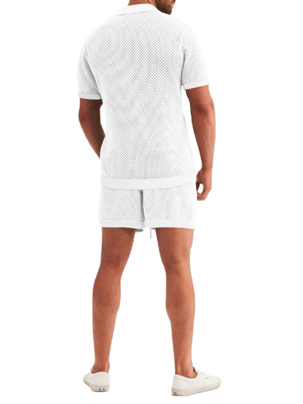 Pantalones cortos de manga corta Cárdigan de solapa de punto Traje de hombre de manga corta
