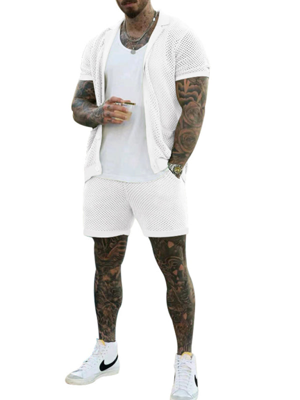 Pantalones cortos de manga corta Cárdigan de solapa de punto Traje de hombre de manga corta