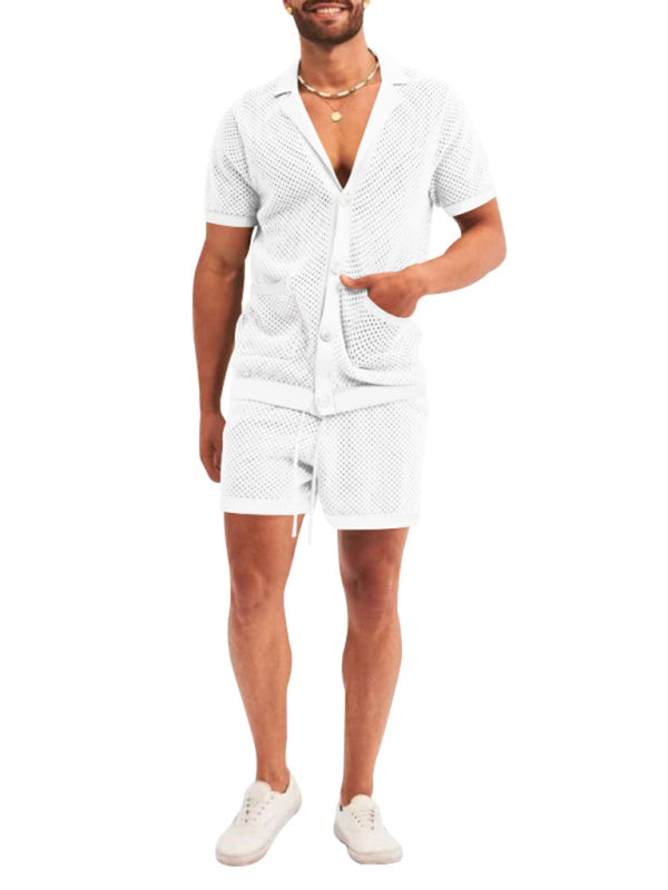 Pantalones cortos de manga corta Cárdigan de solapa de punto Traje de hombre de manga corta