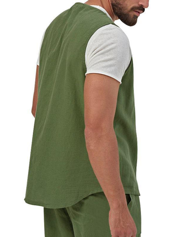 Chaleco de dos piezas para hombre, pantalones cortos, traje de cárdigan informal sin mangas