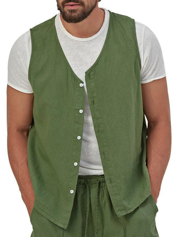 Chaleco de dos piezas para hombre, pantalones cortos, traje de cárdigan informal sin mangas