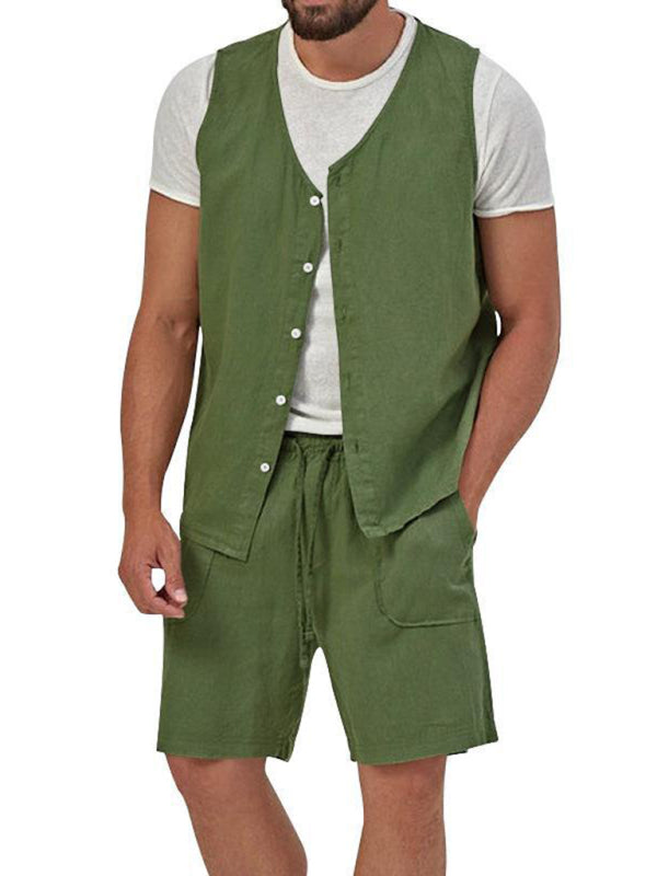 Chaleco de dos piezas para hombre, pantalones cortos, traje de cárdigan informal sin mangas