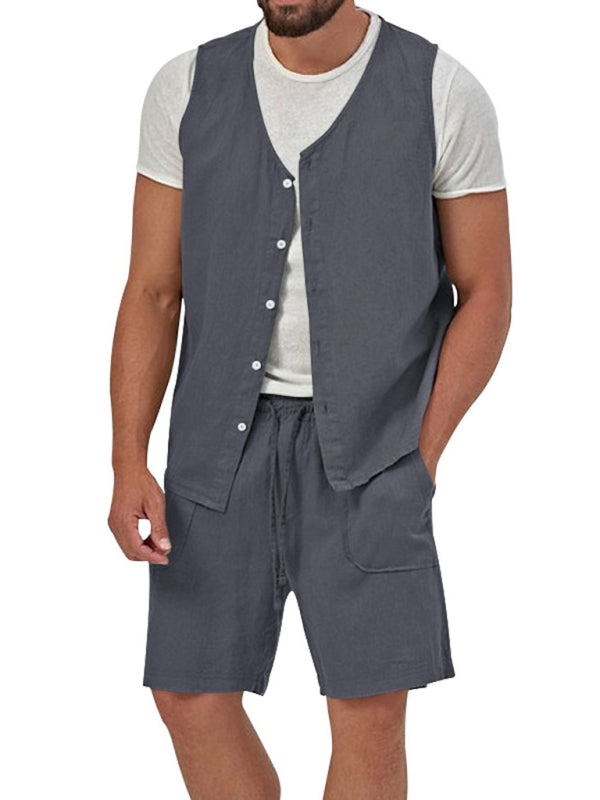Chaleco de dos piezas para hombre, pantalones cortos, traje de cárdigan informal sin mangas