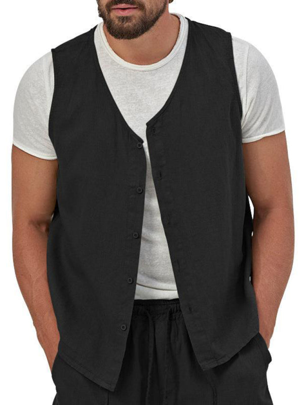 Chaleco de dos piezas para hombre, pantalones cortos, traje de cárdigan informal sin mangas