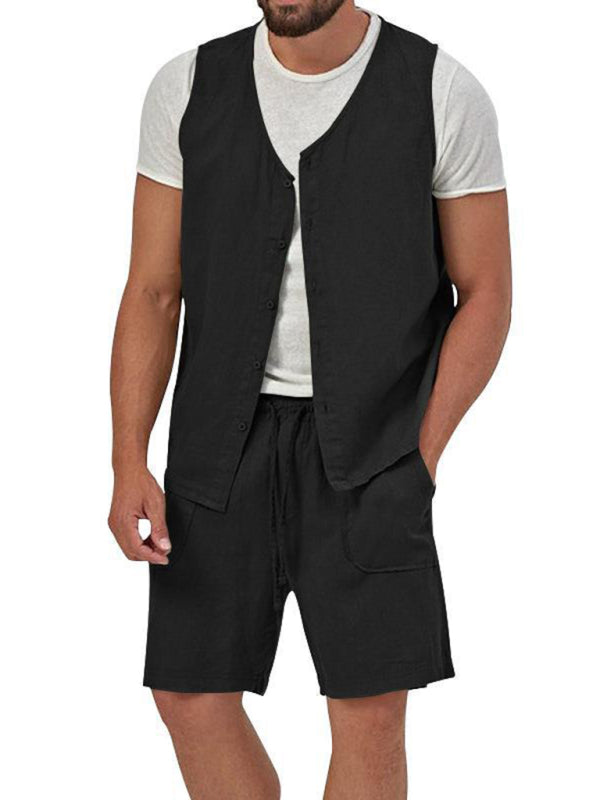 Chaleco de dos piezas para hombre, pantalones cortos, traje de cárdigan informal sin mangas