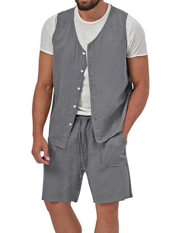 Chaleco de dos piezas para hombre, pantalones cortos, traje de cárdigan informal sin mangas