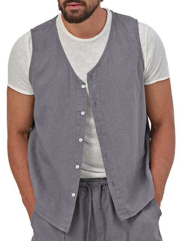 Chaleco de dos piezas para hombre, pantalones cortos, traje de cárdigan informal sin mangas