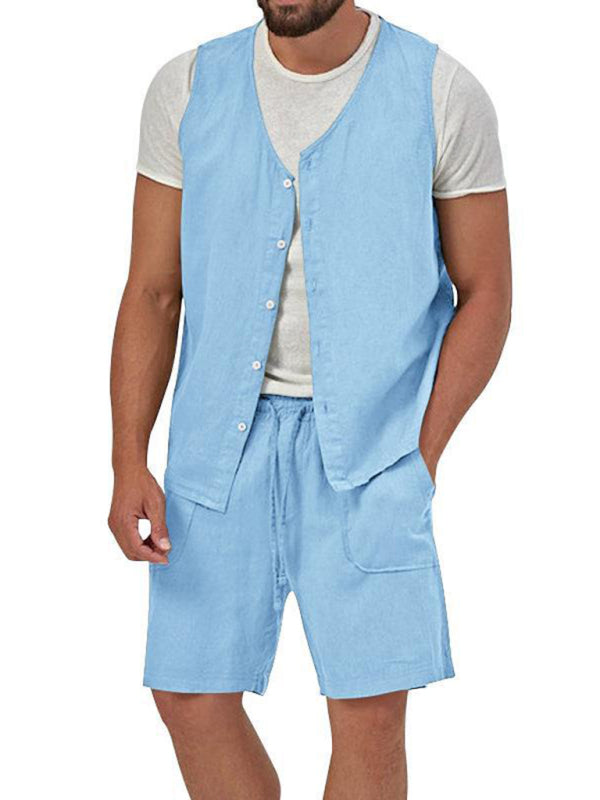 Chaleco de dos piezas para hombre, pantalones cortos, traje de cárdigan informal sin mangas