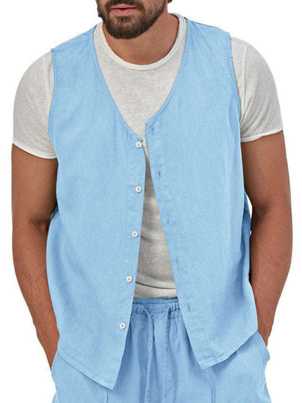 Chaleco de dos piezas para hombre, pantalones cortos, traje de cárdigan informal sin mangas
