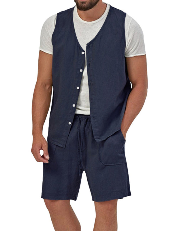 Chaleco de dos piezas para hombre, pantalones cortos, traje de cárdigan informal sin mangas
