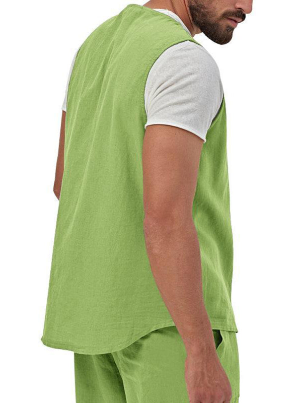 Chaleco de dos piezas para hombre, pantalones cortos, traje de cárdigan informal sin mangas