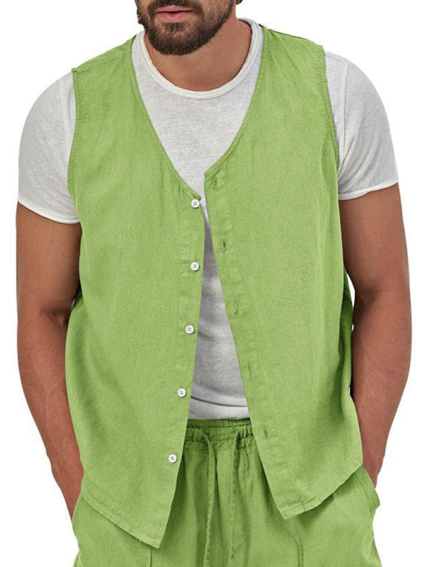 Chaleco de dos piezas para hombre, pantalones cortos, traje de cárdigan informal sin mangas