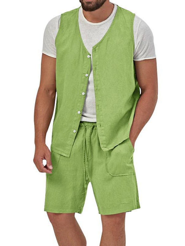 Chaleco de dos piezas para hombre, pantalones cortos, traje de cárdigan informal sin mangas