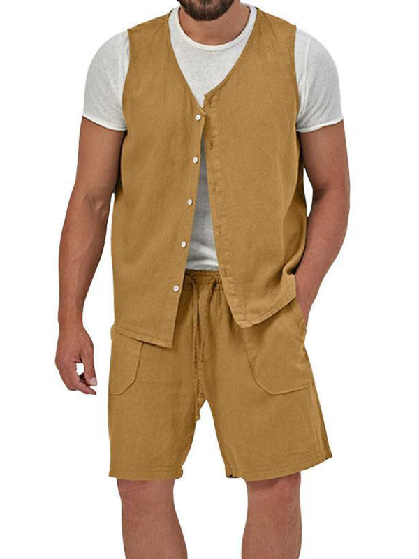 Chaleco de dos piezas para hombre, pantalones cortos, traje de cárdigan informal sin mangas