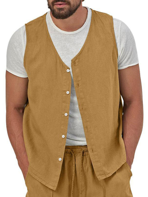 Chaleco de dos piezas para hombre, pantalones cortos, traje de cárdigan informal sin mangas