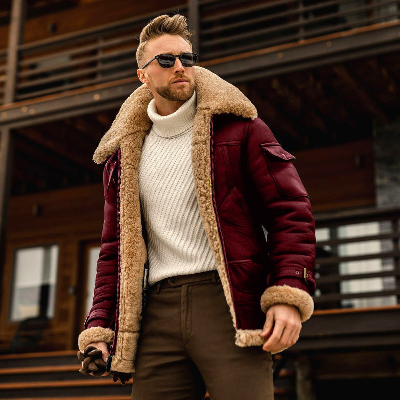 Chaqueta de longitud media engrosada de una pieza de piel para hombre
