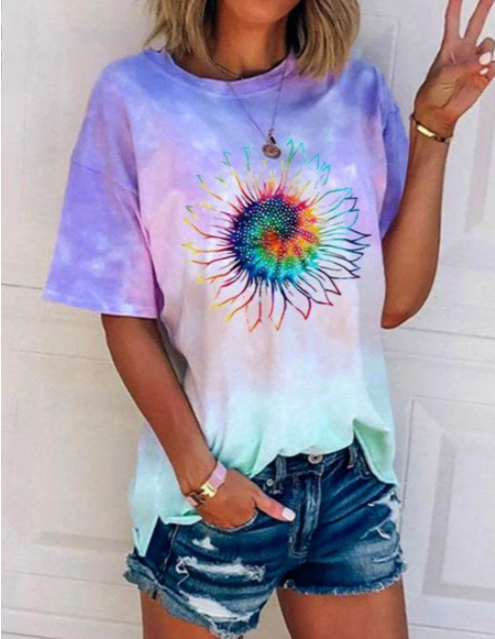 Casual Loose Tie-dye Multicolor Printed Short Sleeves
