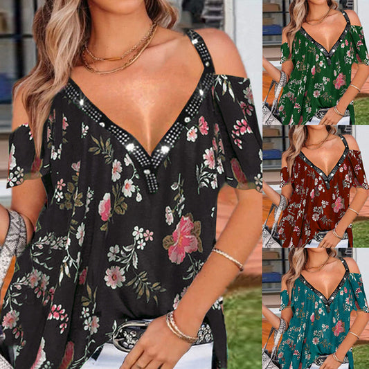 V-Neck Printed Off-The-Shoulder Short-Sleeved Top