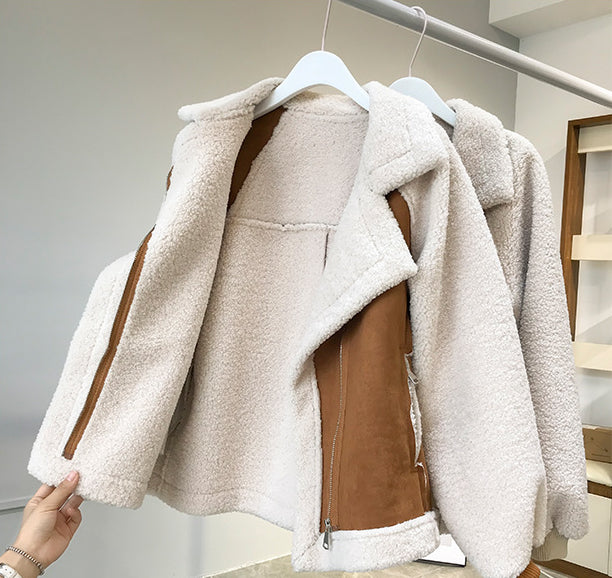 Suede Coat Women's Short Lambswool Motorcycle Clothing