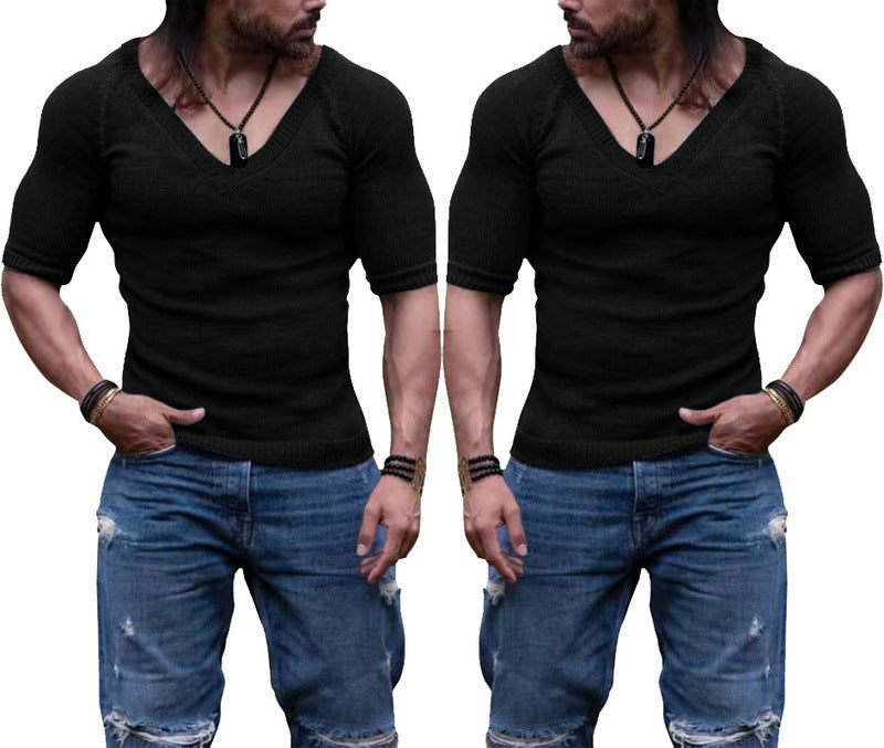 V-Neck Solid Color Thin Short Sleeve