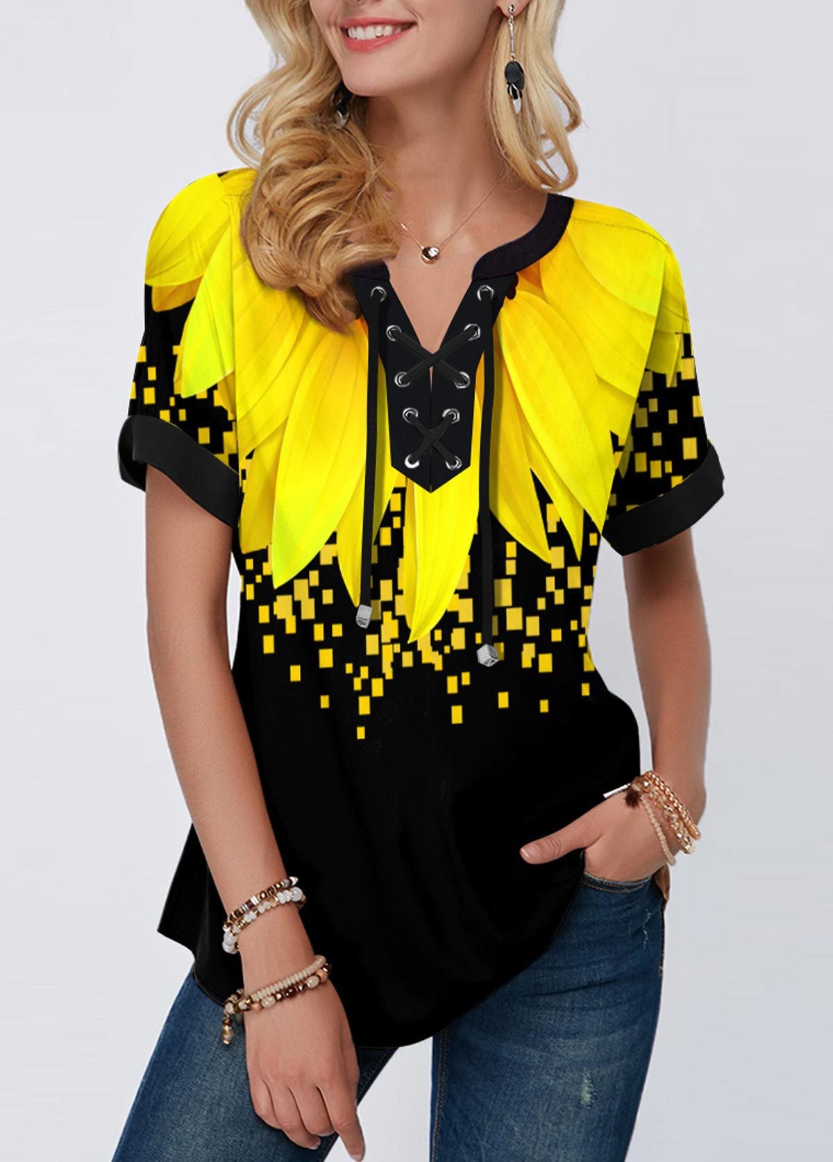 Lace-Up Short-Sleeved Loose Top