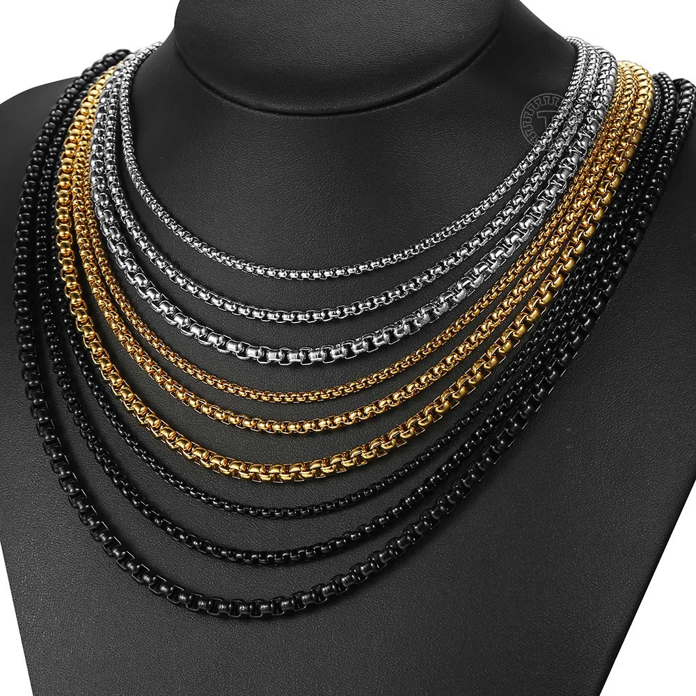 Collar de cadena de eslabones de caja redonda negra de 2mm, 3mm y 5mm para hombre y niño, collar de cadena de acero inoxidable, venta al por mayor, joyería KNM118