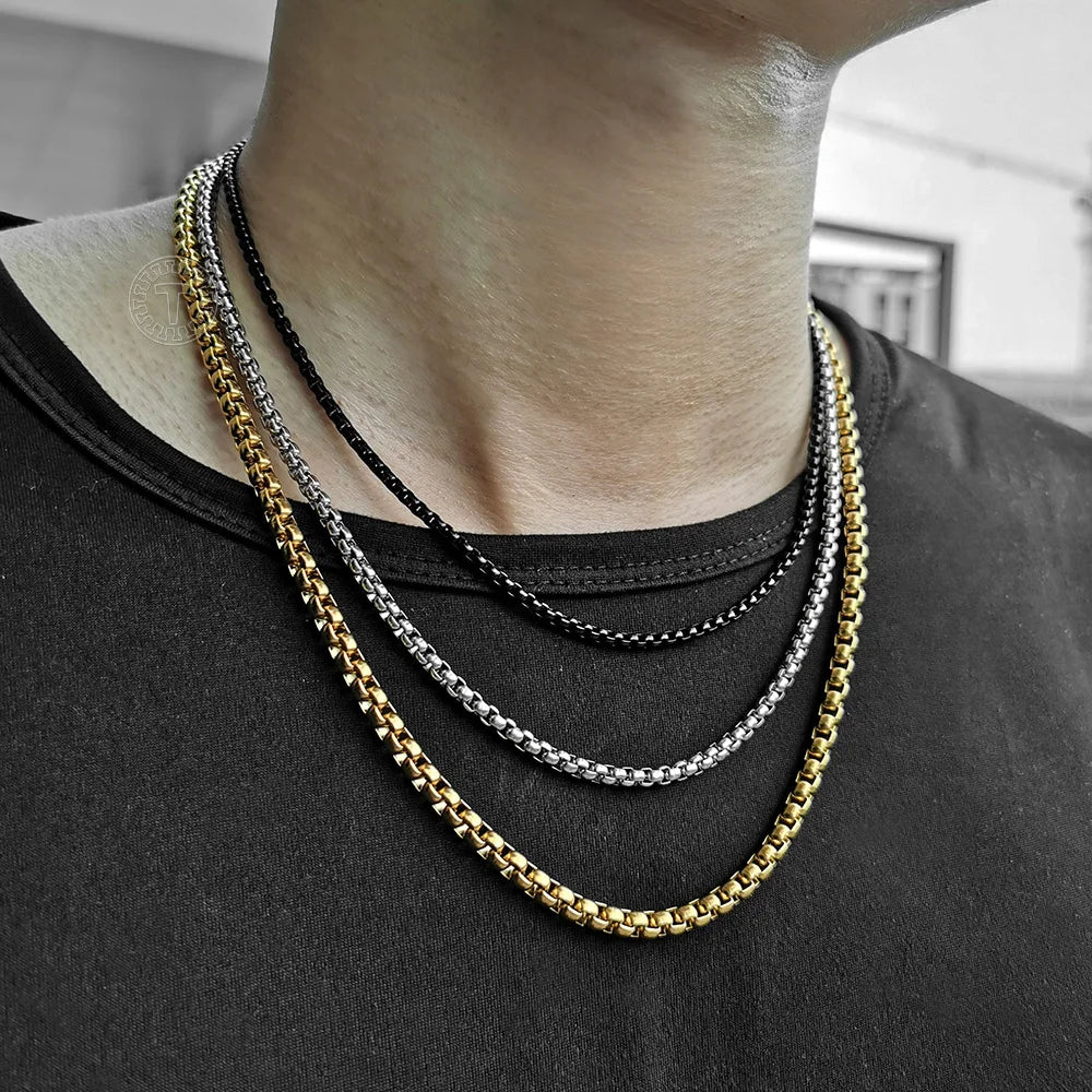 Collar de cadena de eslabones de caja redonda negra de 2mm, 3mm y 5mm para hombre y niño, collar de cadena de acero inoxidable, venta al por mayor, joyería KNM118