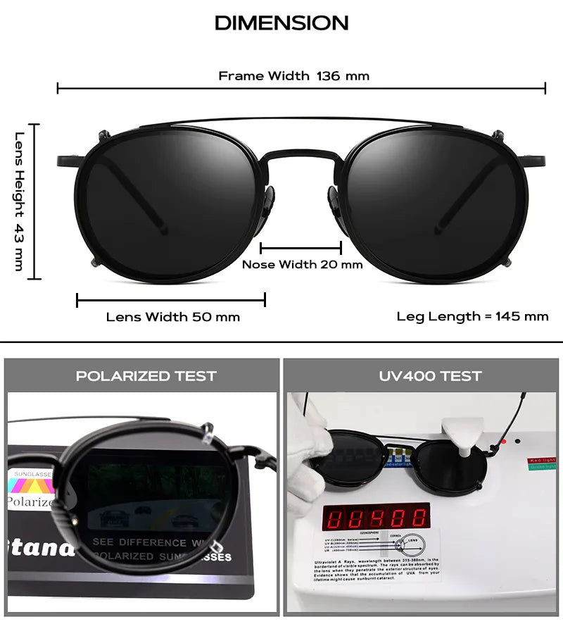 Round Metal SteamPunk Style Polarized Clip On Sunglasses Lens Removable