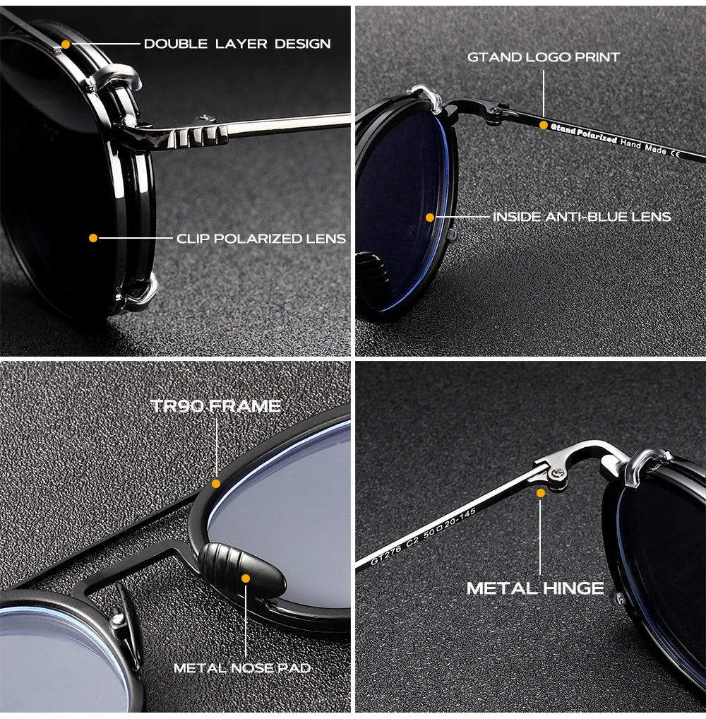 Round Metal SteamPunk Style Polarized Clip On Sunglasses Lens Removable