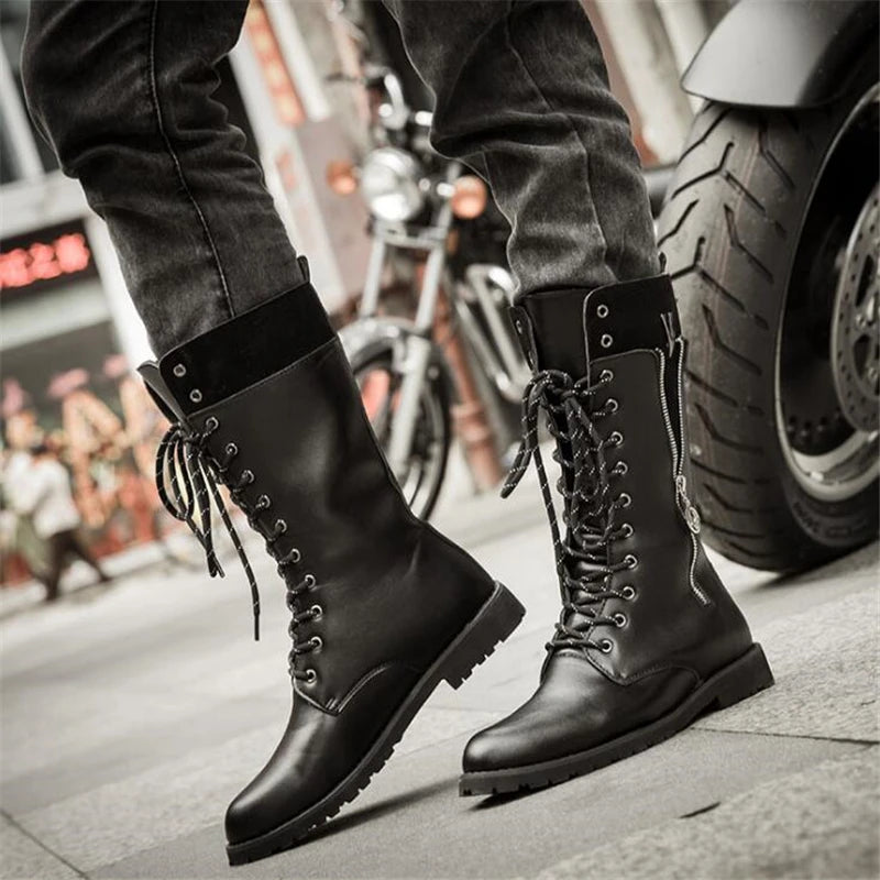 Botas de Moto para hombre, botas militares para hombre, botas tácticas militares, zapatos Punk de Metal a media pantorrilla para hombre, Botas Largas con plataforma