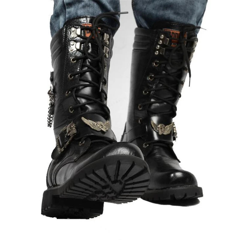 Botas de Moto para hombre, botas militares para hombre, botas tácticas militares, zapatos Punk de Metal a media pantorrilla para hombre, Botas Largas con plataforma