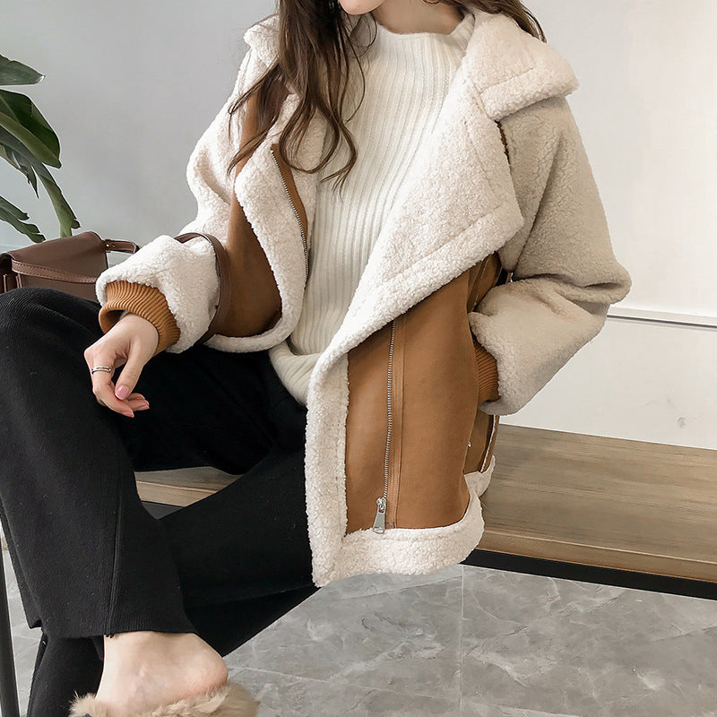 Suede Coat Women's Short Lambswool Motorcycle Clothing