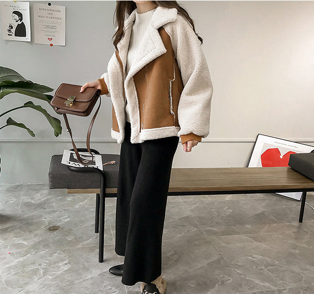 Suede Coat Women's Short Lambswool Motorcycle Clothing