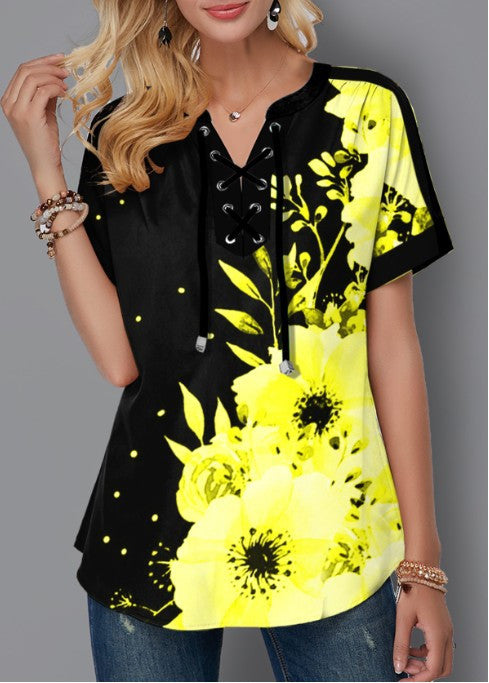 Lace-Up Short-Sleeved Loose Top